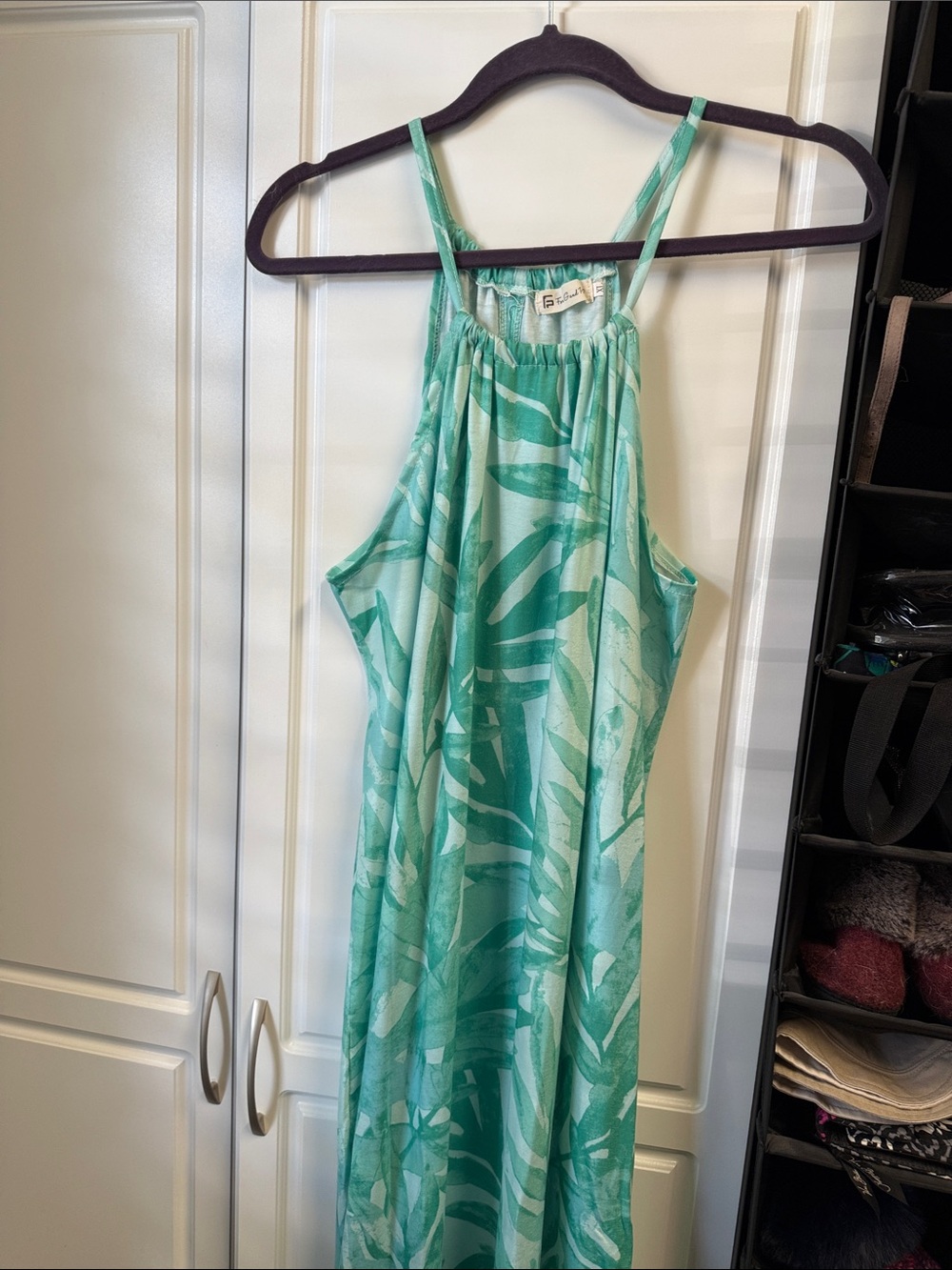 Sleeveless Mint Green Leaf-Print Maxi Dress, XL